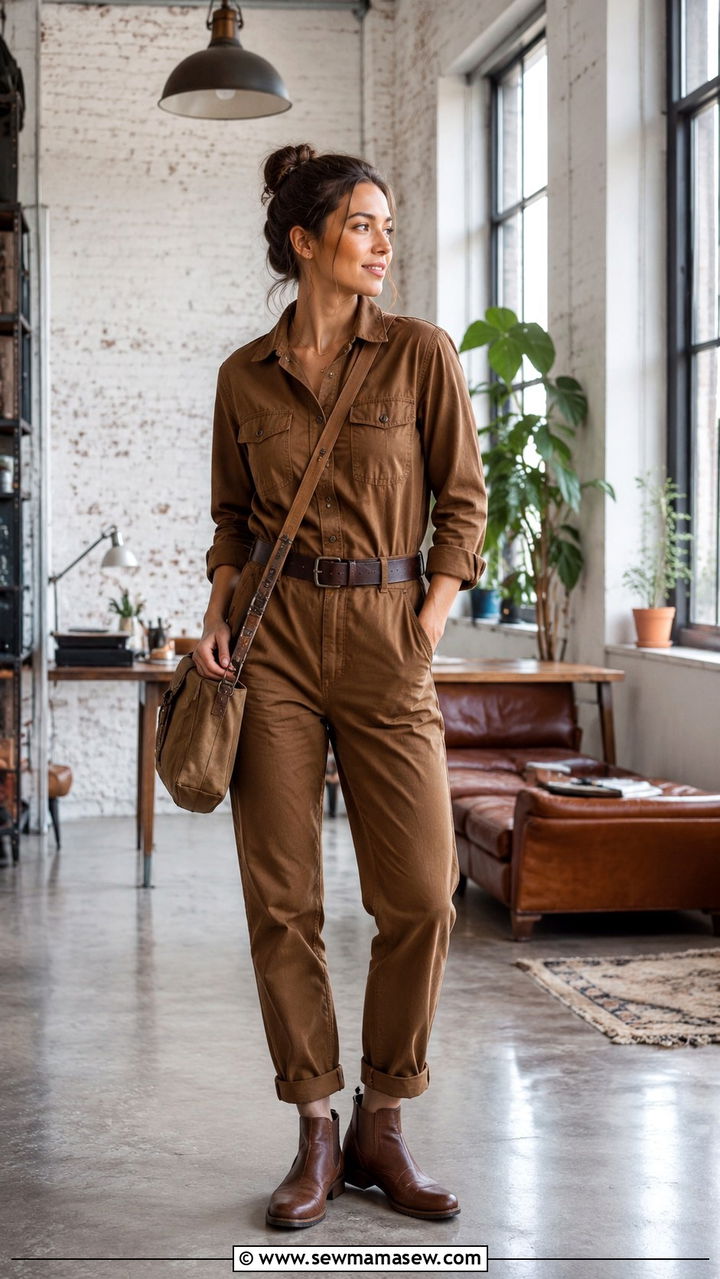 Brown Utility Jumpsuit With Leather Belt - 30 Monochromatic brown outfits