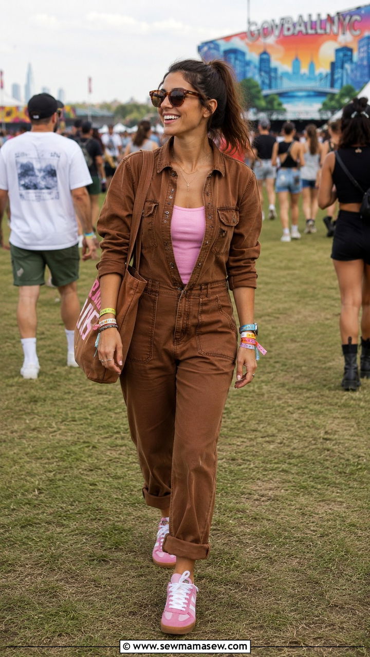 Brown Utility Jumpsuit with a Pink Tank Top - 30 Brown and pink outfit ideas
