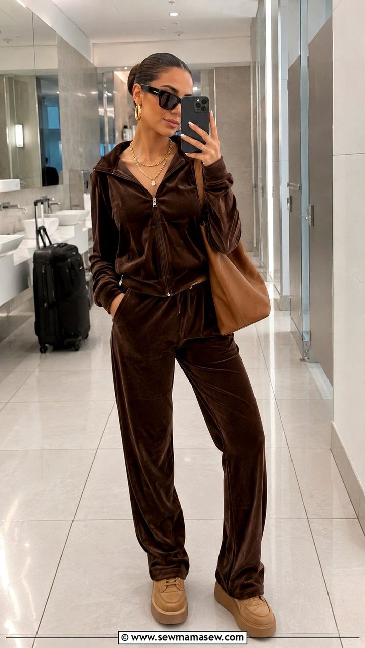 Brown Velour Matching Set With Gold Jewelry Airport Look - 25 Airport outfit ideas with matching set
