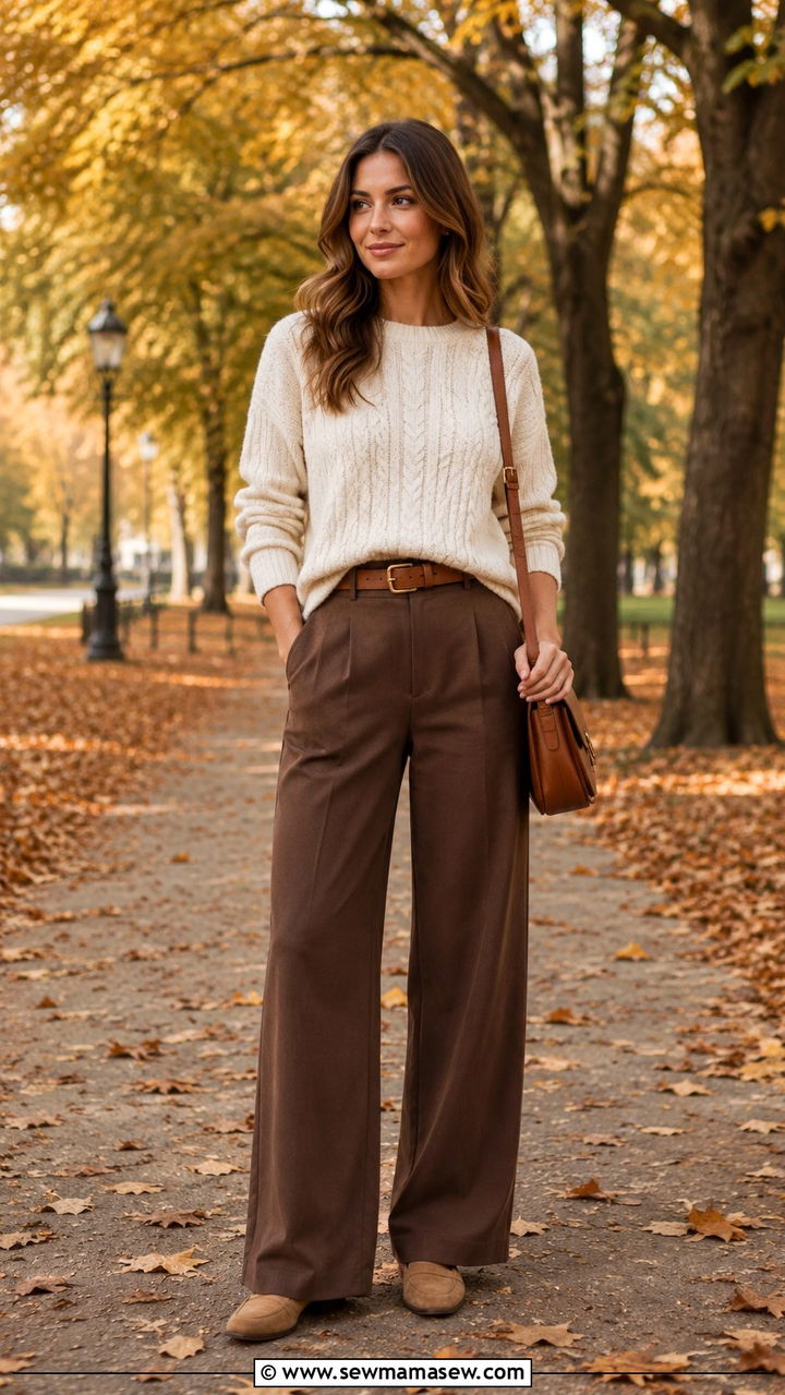 Brown Wide Leg Pants With Cream Cable Knit Sweater - 30 Modest outfit ideas with wide leg pants