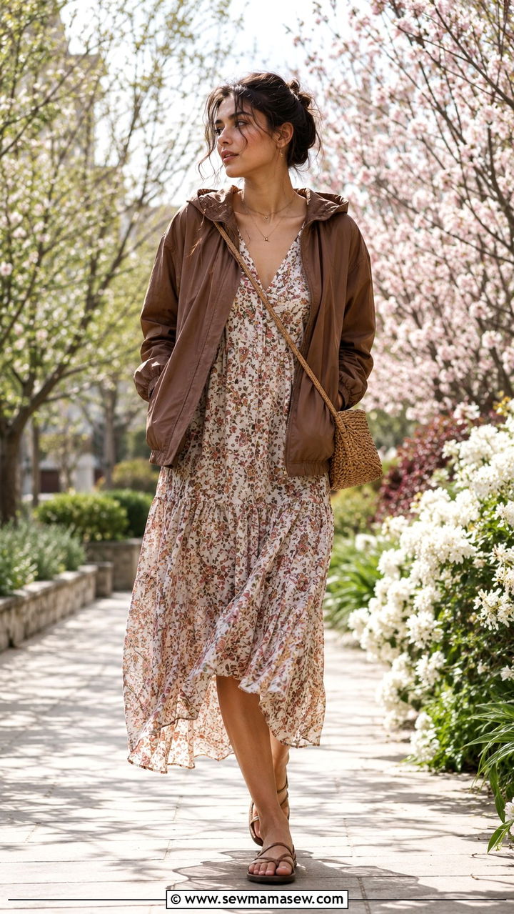 Brown Windbreaker With Flowy Floral Midi Dress - 25 windbreaker outfits 2026