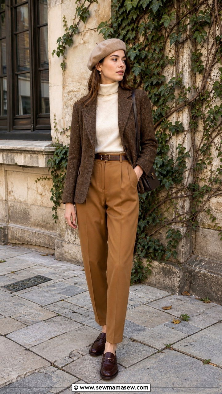 Brown Wool Blazer With Cream Turtleneck And Caramel Trousers - 40 light academia outfits for women