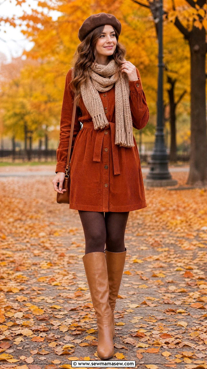 Brown beret with a corduroy shirt dress - 35 Beret outfit ideas