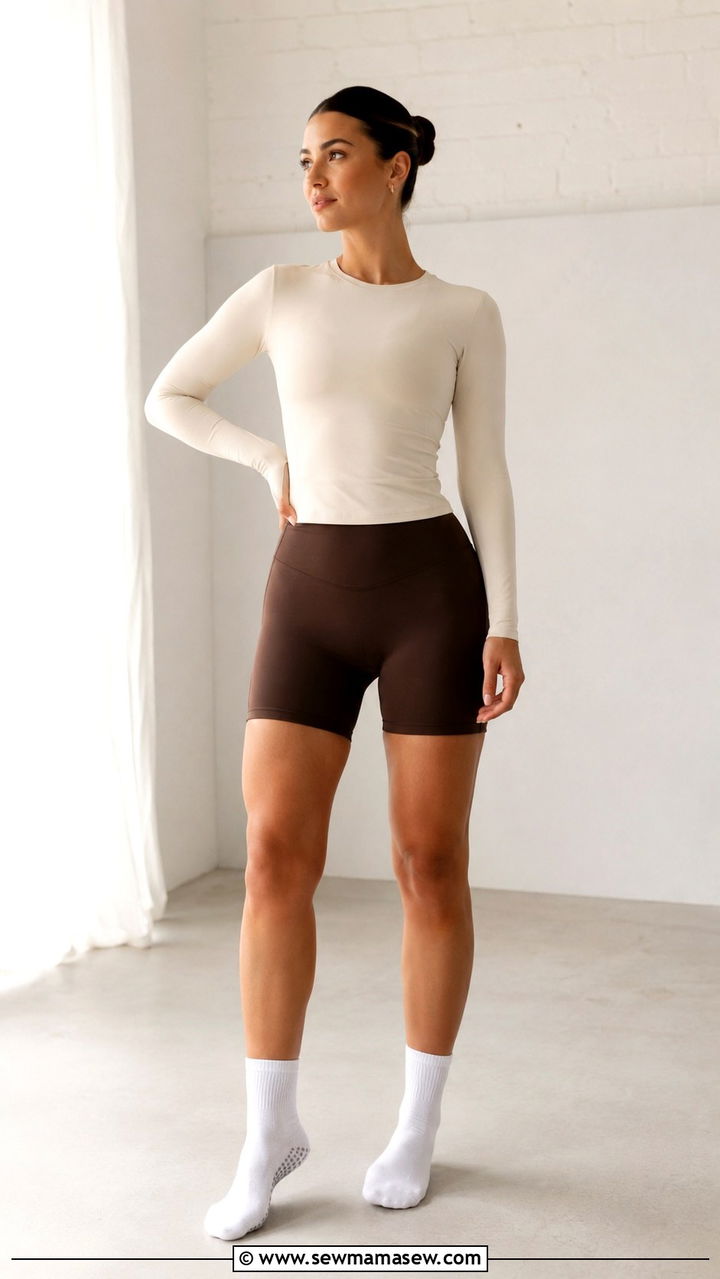 Brown biker shorts and long sleeve top - 30 Reformer Pilates outfit ideas