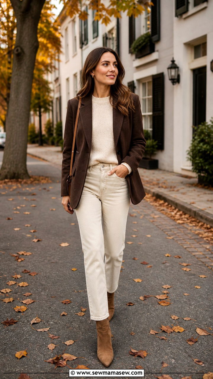 Brown blazer with cream knit and ecru jeans - 40 blazer outfits for women