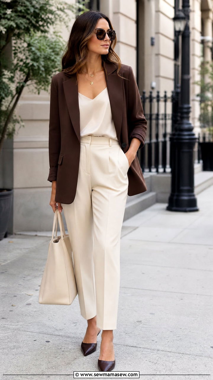 Brown blazer with cream trousers outfit - 30 Brown and cream outfit ideas
