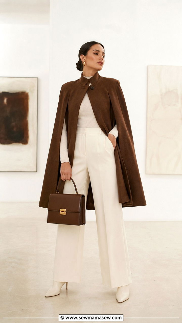 Brown cape coat with cream wide leg trousers outfit - 30 Brown and cream outfit ideas