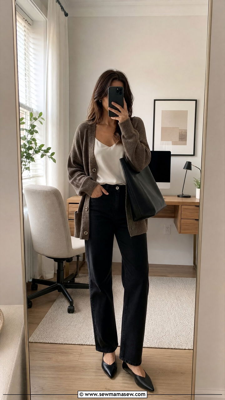 Brown cardigan with black straight leg jeans - 35 job interview outfit ideas for women