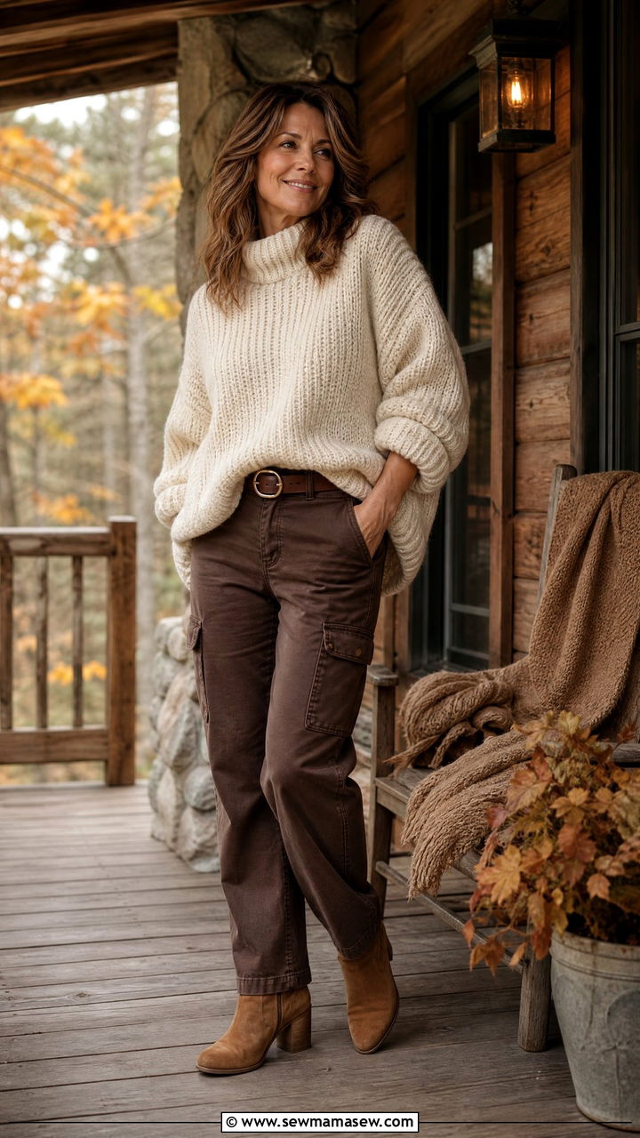 Brown cargo pants with chunky knit sweater - 25 Cargo pants outfit ideas for women over 40