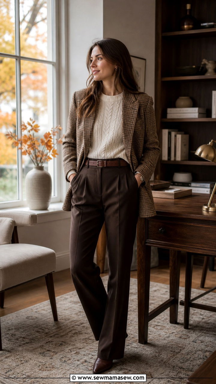Brown check blazer with cream knit and dark trousers outfit - 40 New job outfit ideas