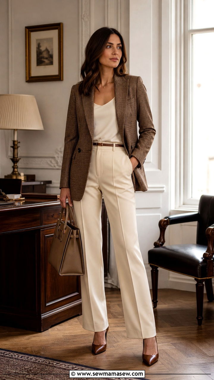 Brown checked blazer with cream trousers - 40 Business professional outfit ideas