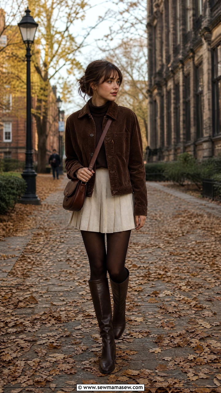 Brown corduroy jacket with tennis skirt outfit - 30 dark academia outfits ideas