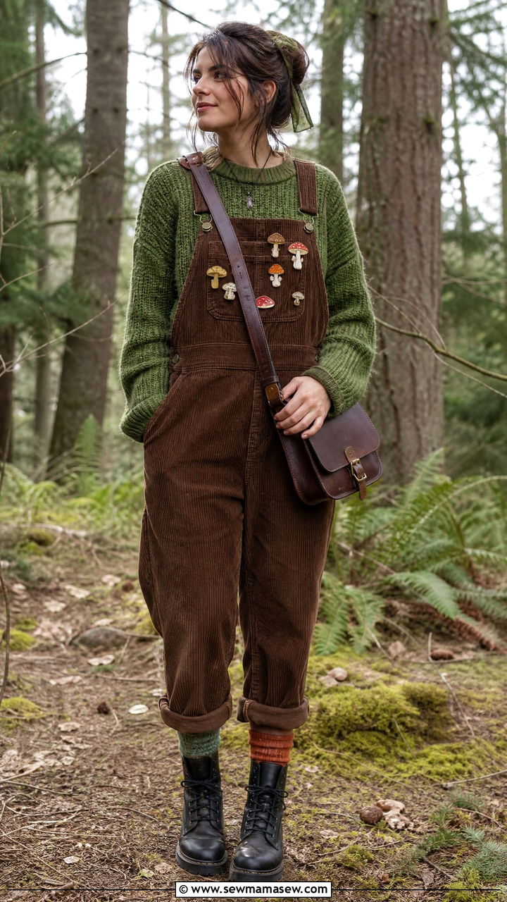 Brown corduroy overalls with green sweater and combat boots - 30 Goblincore outfit ideas