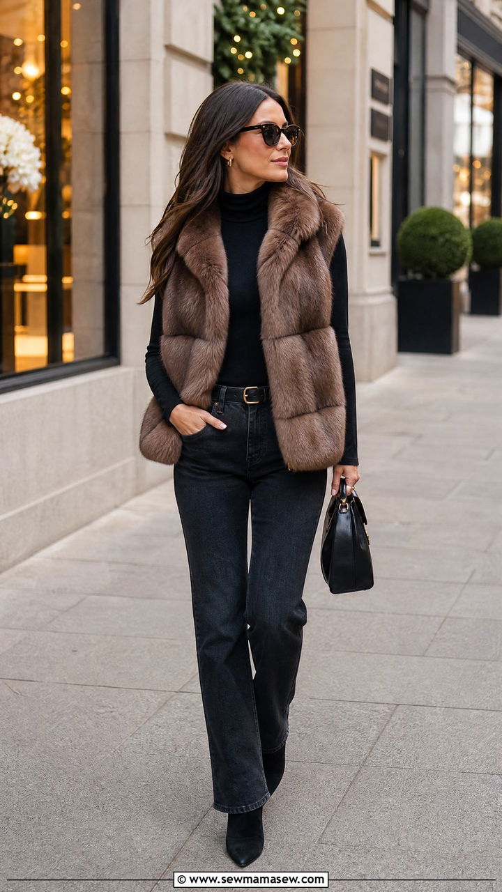 Brown faux fur vest and dark jeans - 35 Mature woman outfit ideas