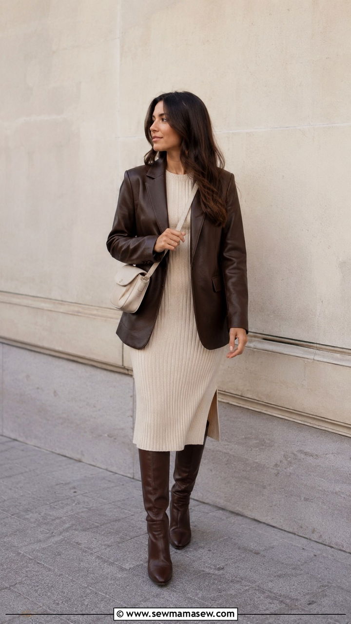 Brown leather blazer with cream knit midi dress - 30 quiet luxury capsule wardrobe outfits