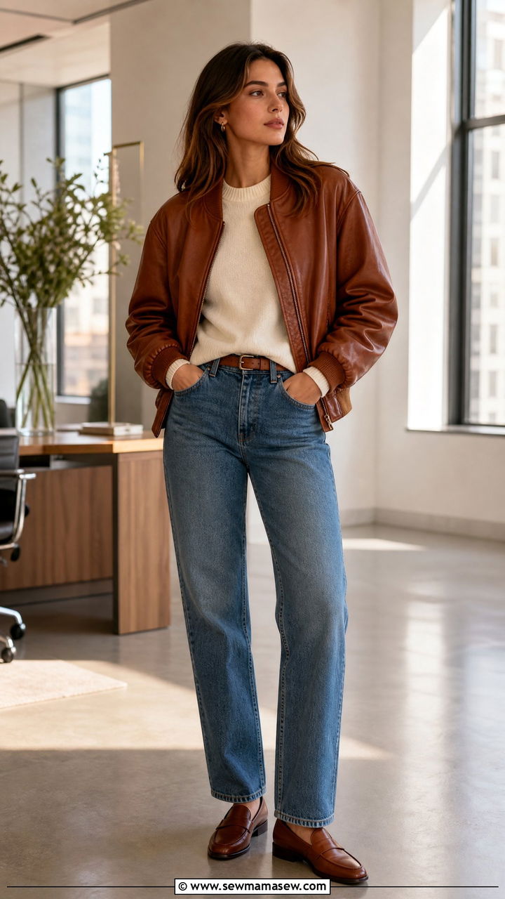 Brown leather bomber jacket with blue straight leg jeans - 30 Bomber jacket outfit ideas with jeans