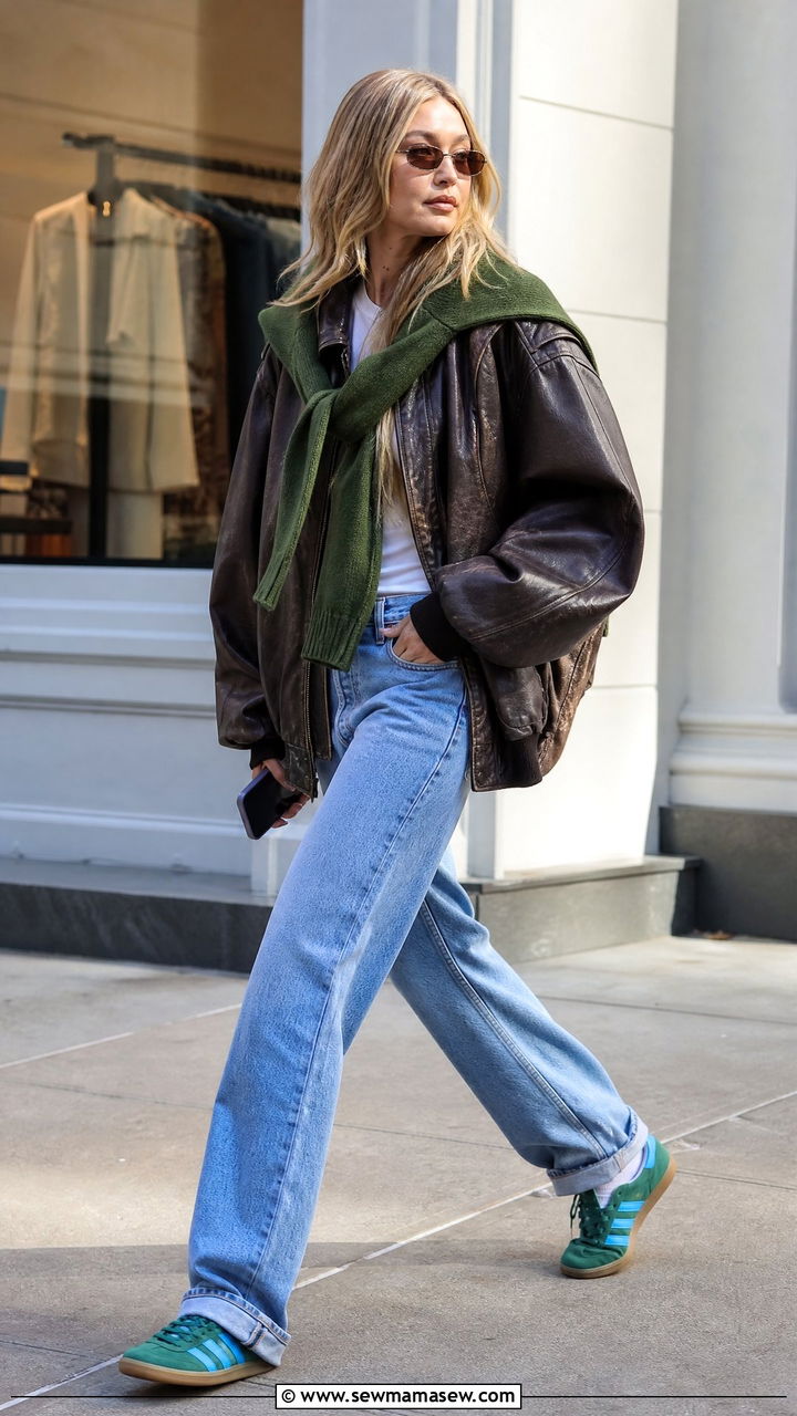 Brown leather bomber with a green knit and Adidas Gazelles - 35 Gigi Hadid spring outfit ideas