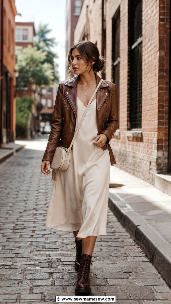 Brown leather jacket with cream midi dress outfit - 30 Brown and cream outfit ideas