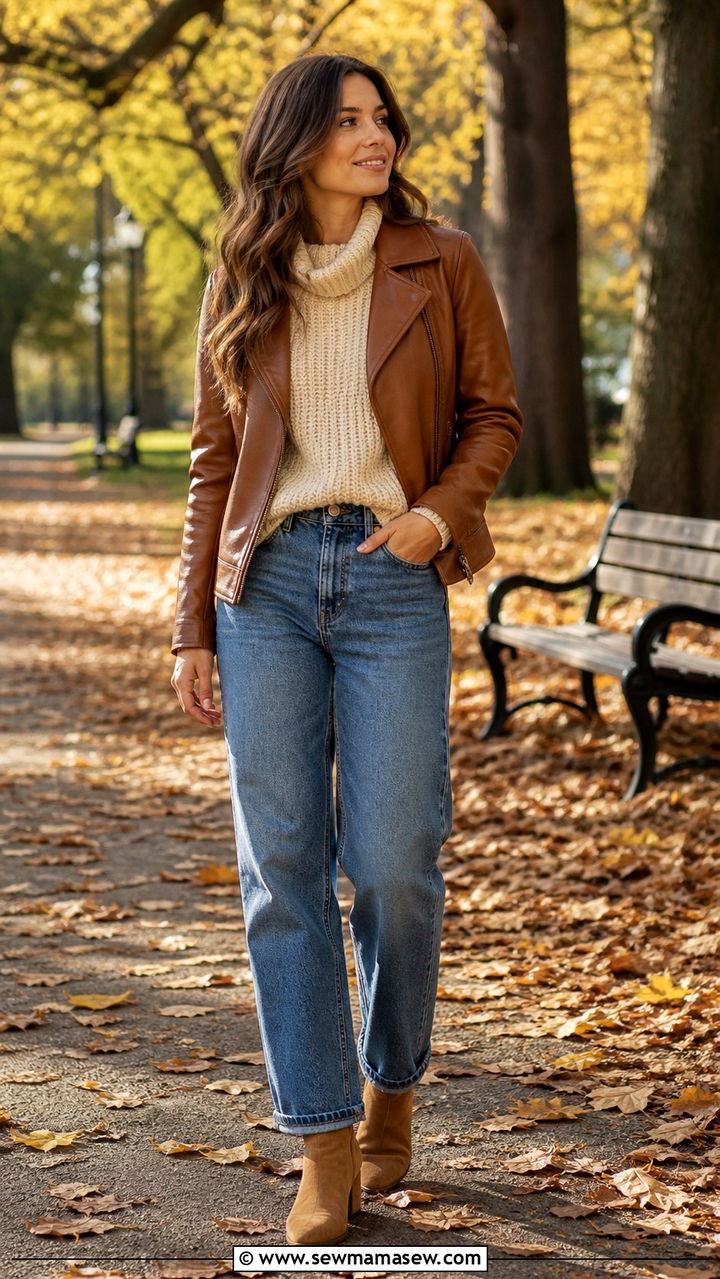 Brown leather jacket with cream sweater and blue jeans - 40 leather jacket outfit ideas