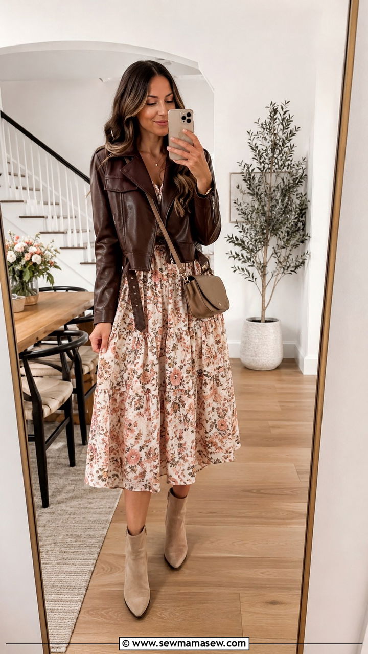 Brown leather jacket with floral midi dress - 30 Spring outfits with leather jackets