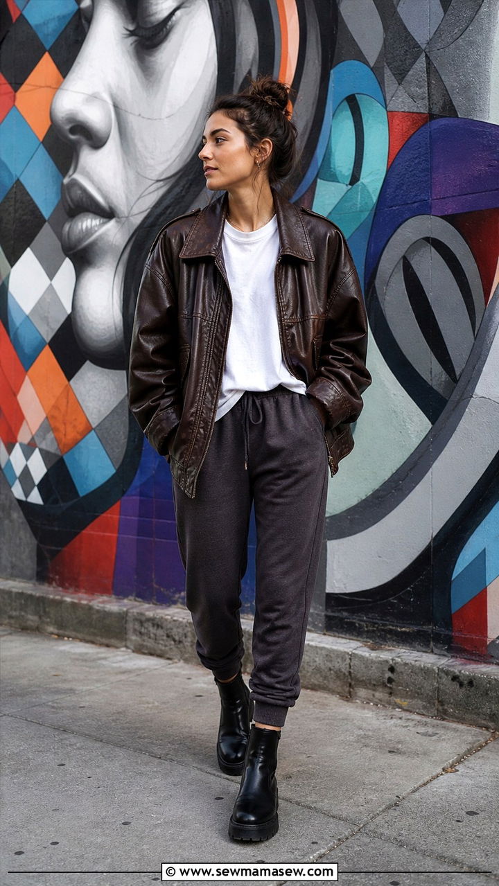 Brown leather jacket with joggers - 40 What to wear in Chicago