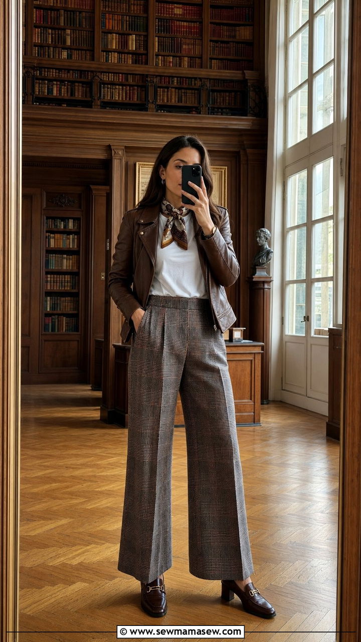 Brown leather jacket with white tee and plaid trousers - 25 Dark academia outfit ideas 2026