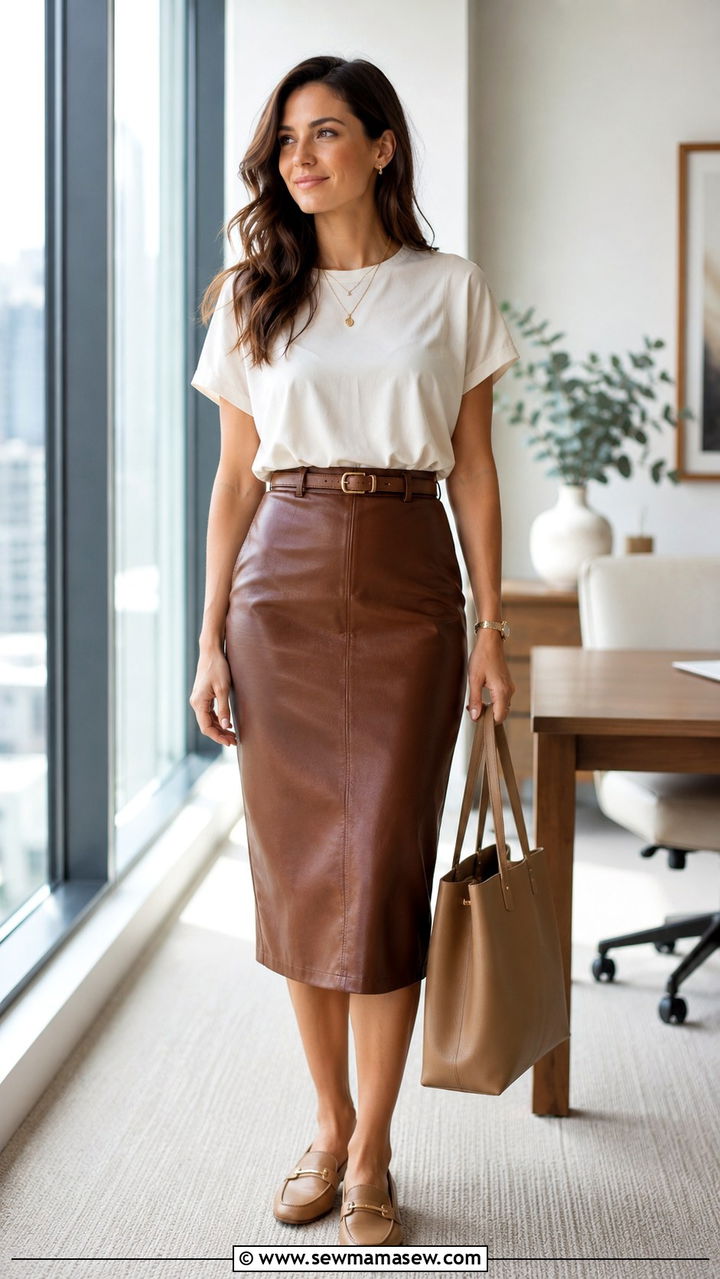 Brown leather pencil skirt with cream tee and loafers - 30 Leather skirt outfit ideas with a tee