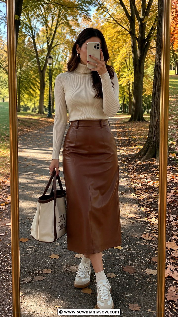 Brown leather skirt with retro sneakers - 30 Leather skirt outfit ideas with sneakers