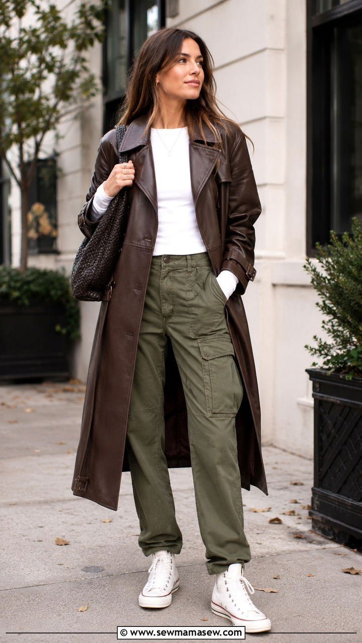 Brown leather trench coat with high top sneakers and cargo pants - 30 Long trench coat outfit ideas with sneakers