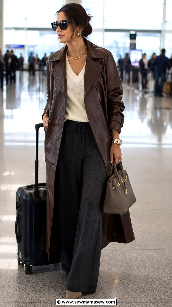 Brown leather trench coat with wide leg sweatpants - 25 Wide leg pants outfit ideas with a trench coat