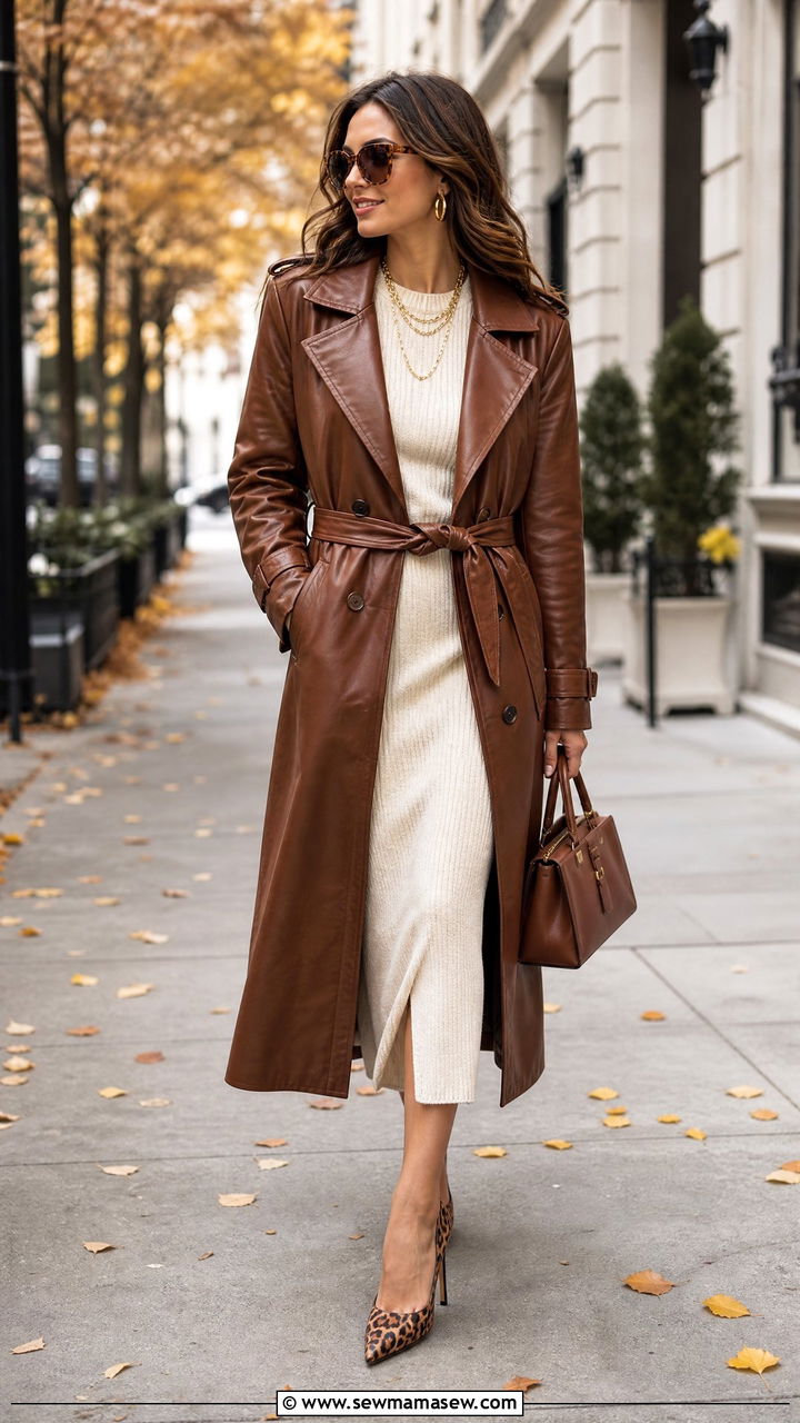 Brown leather trench with cream knit and animal print shoes - 35 Mob wife outfit ideas
