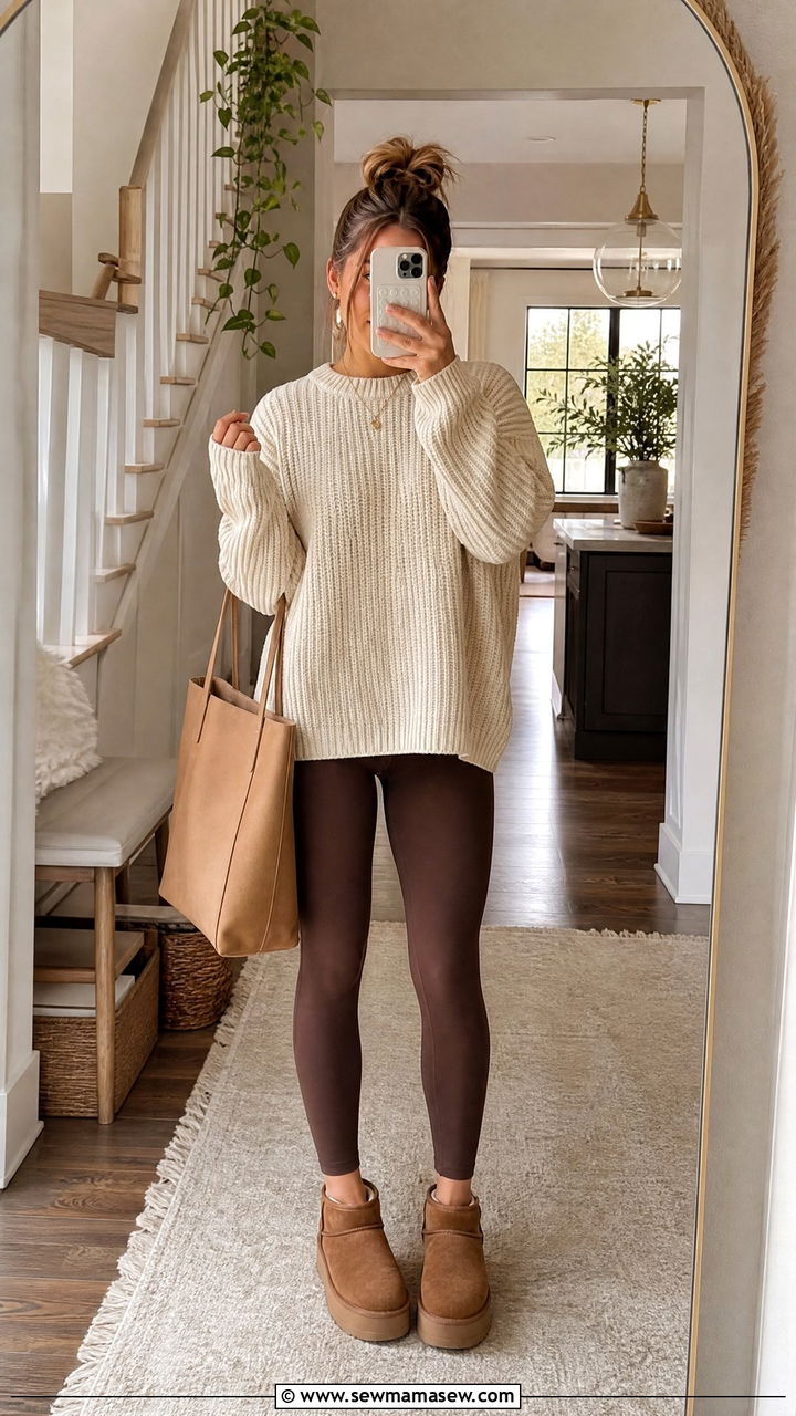 Brown leggings with cream knit and Ugg boots - 25 Spring outfits with leggings