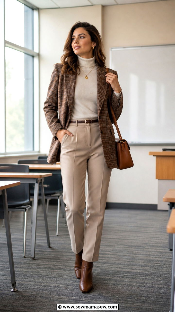 Brown plaid blazer with beige trousers - 40 classy teacher outfits