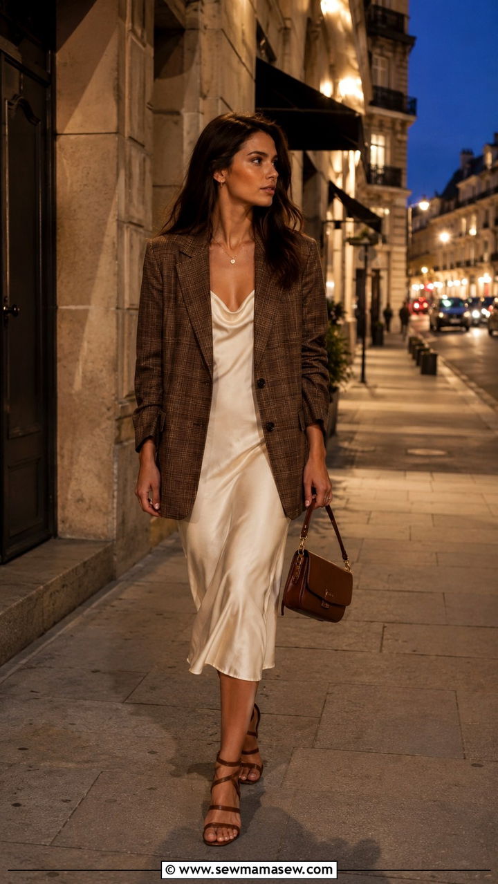 Brown plaid blazer with cream slip dress outfit - 30 Brown and cream outfit ideas