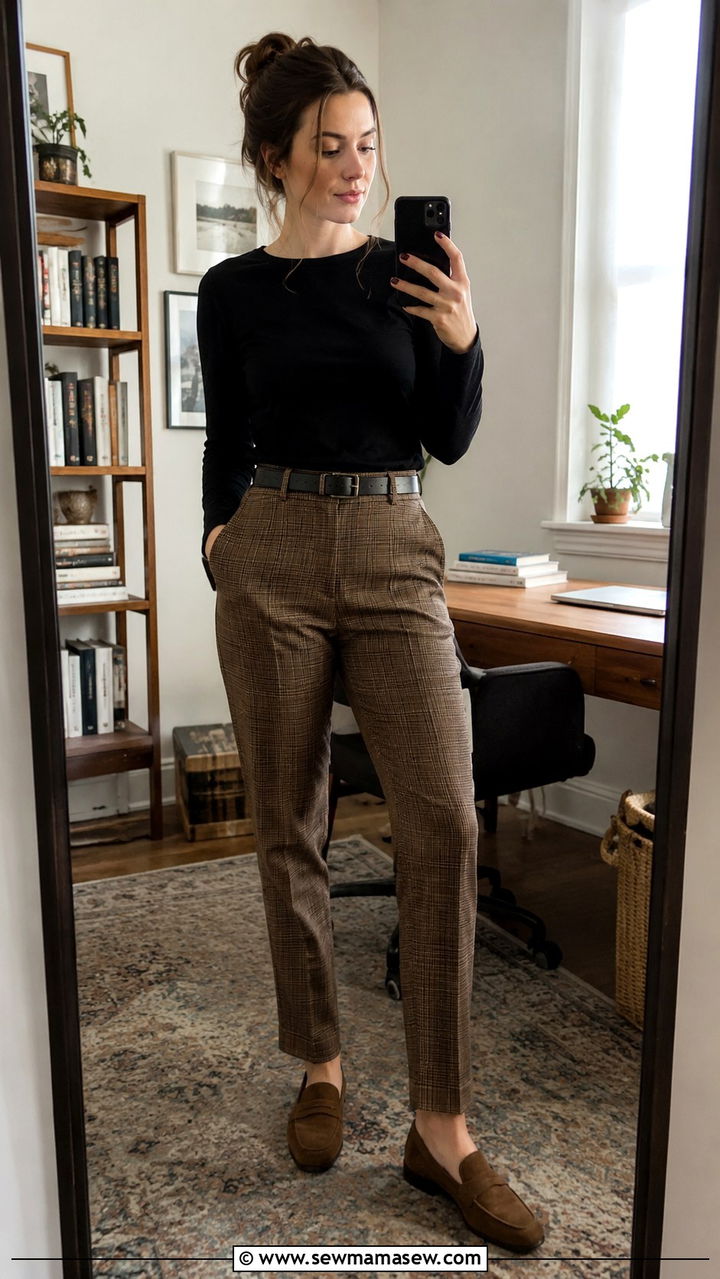 Brown plaid suit pants and black top outfit - 30 librarian core outfits for women