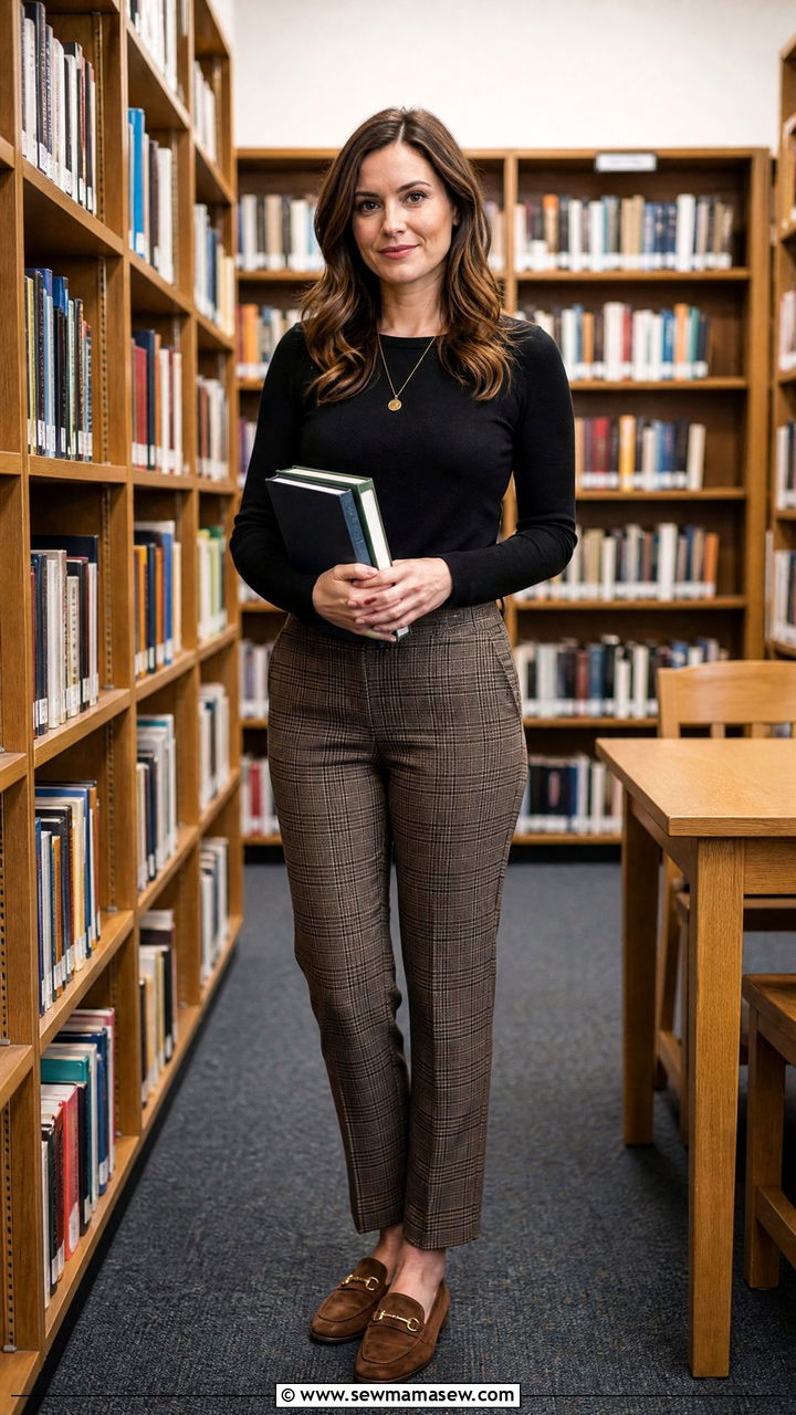Brown plaid trousers with a black top - 35 Librarian outfit ideas for work