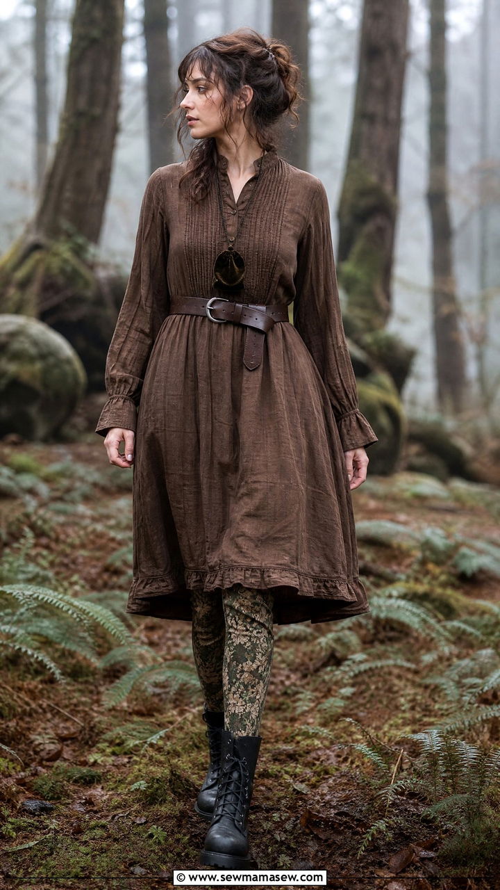 Brown prairie dress with patterned leggings and combat boots - 30 Goblincore outfit ideas
