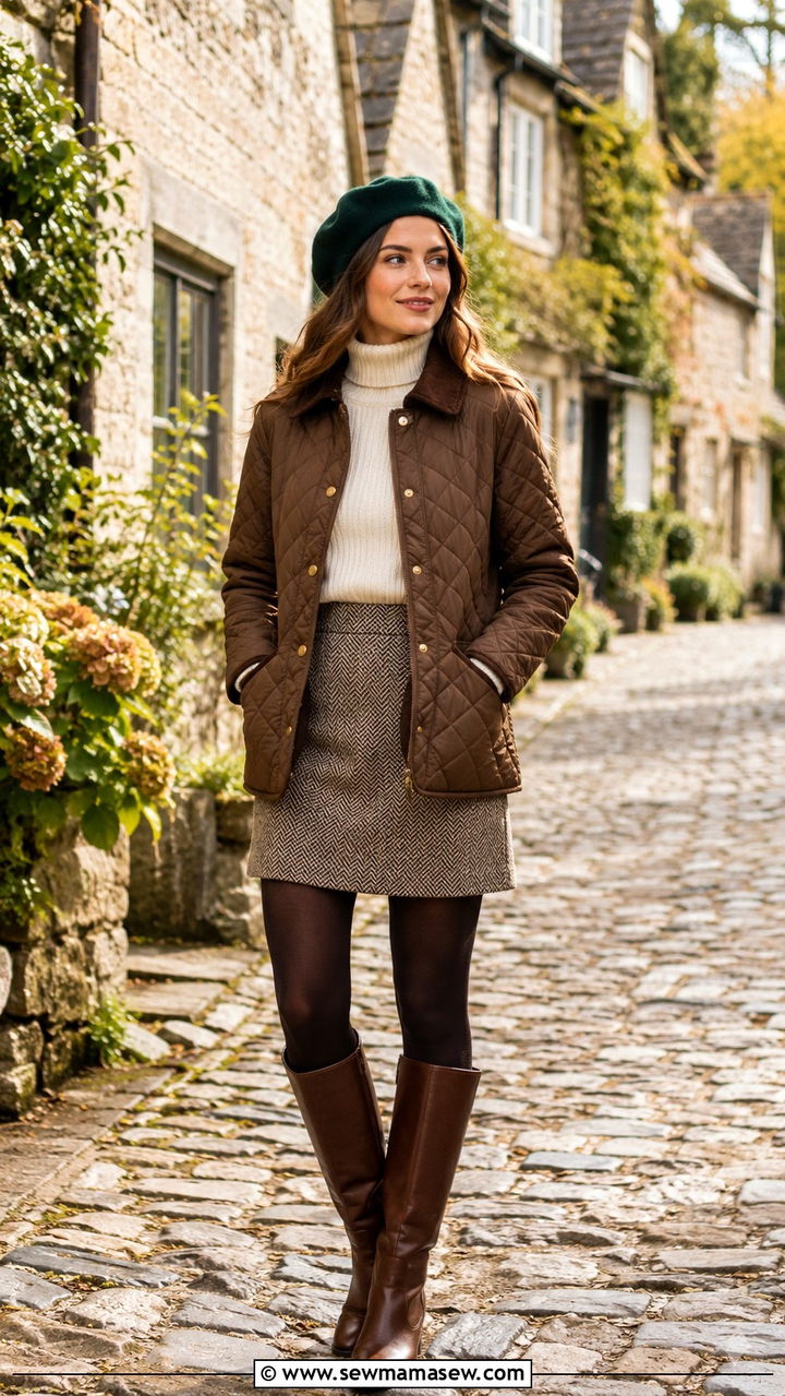 Brown quilted jacket with tweed skirt - 25 Old money outfit ideas with quilted jacket