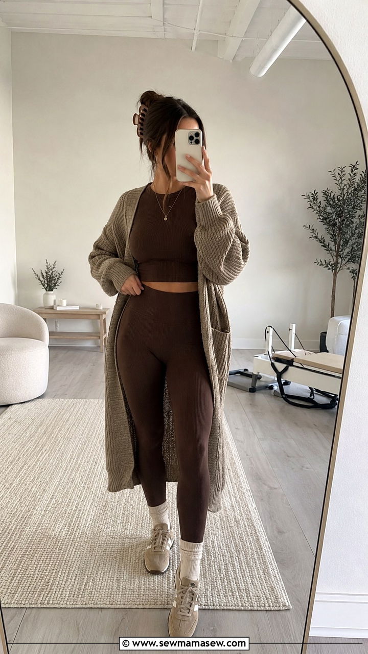Brown ribbed set with a longline cardigan - 25 Aesthetic gym outfit ideas