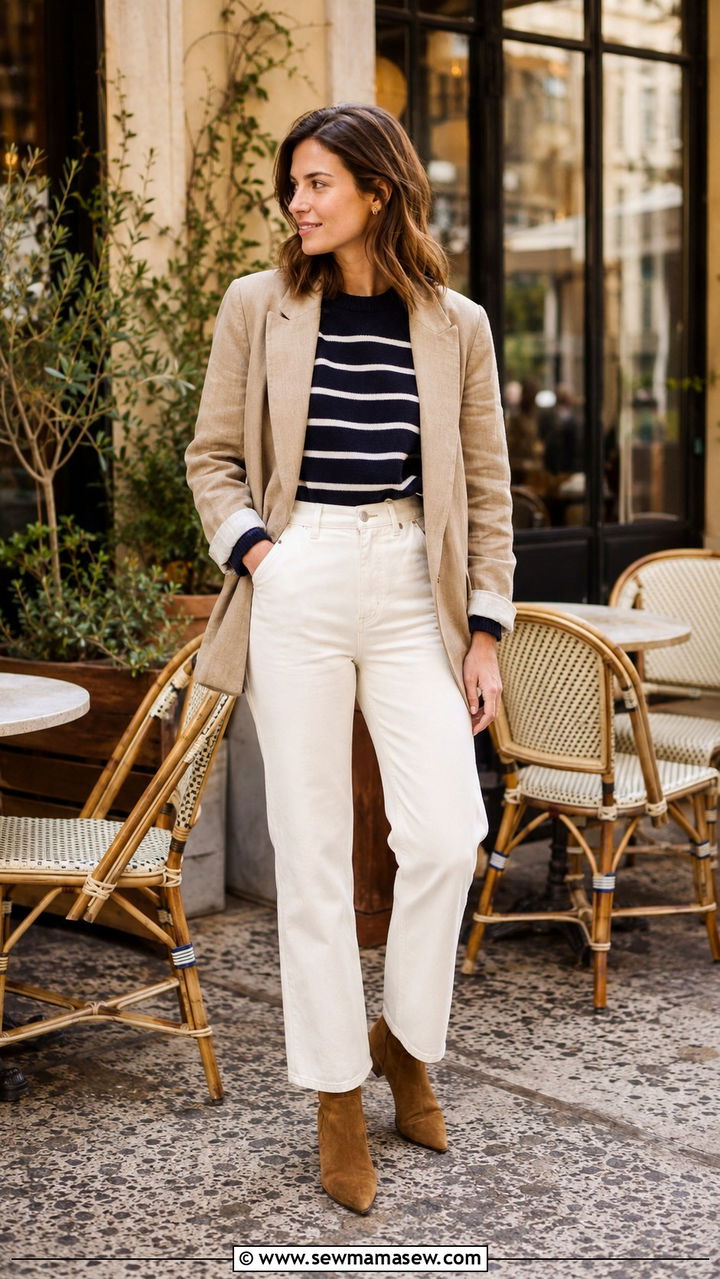 Brown suede ankle boots with white jeans and relaxed blazer - 30 transitional boots outfit ideas