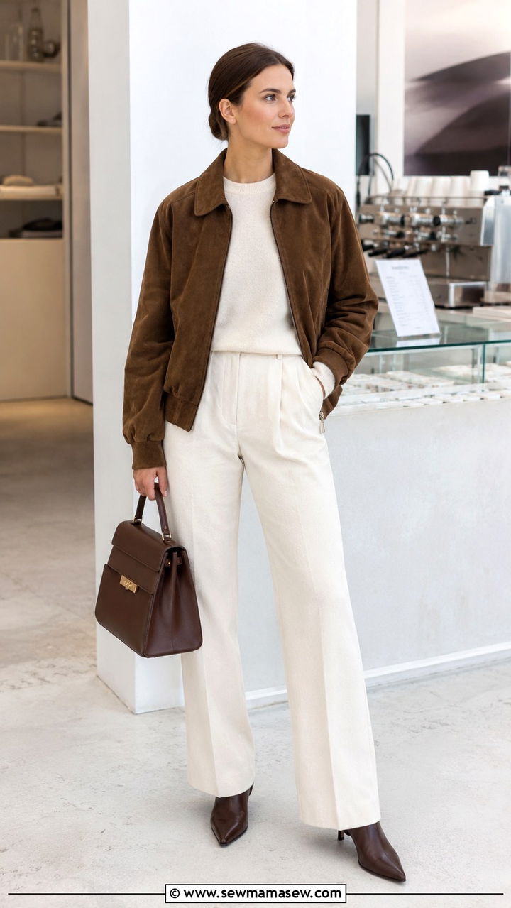 Brown suede jacket and cream knit outfit - 25 Quiet luxury minimalist outfit ideas