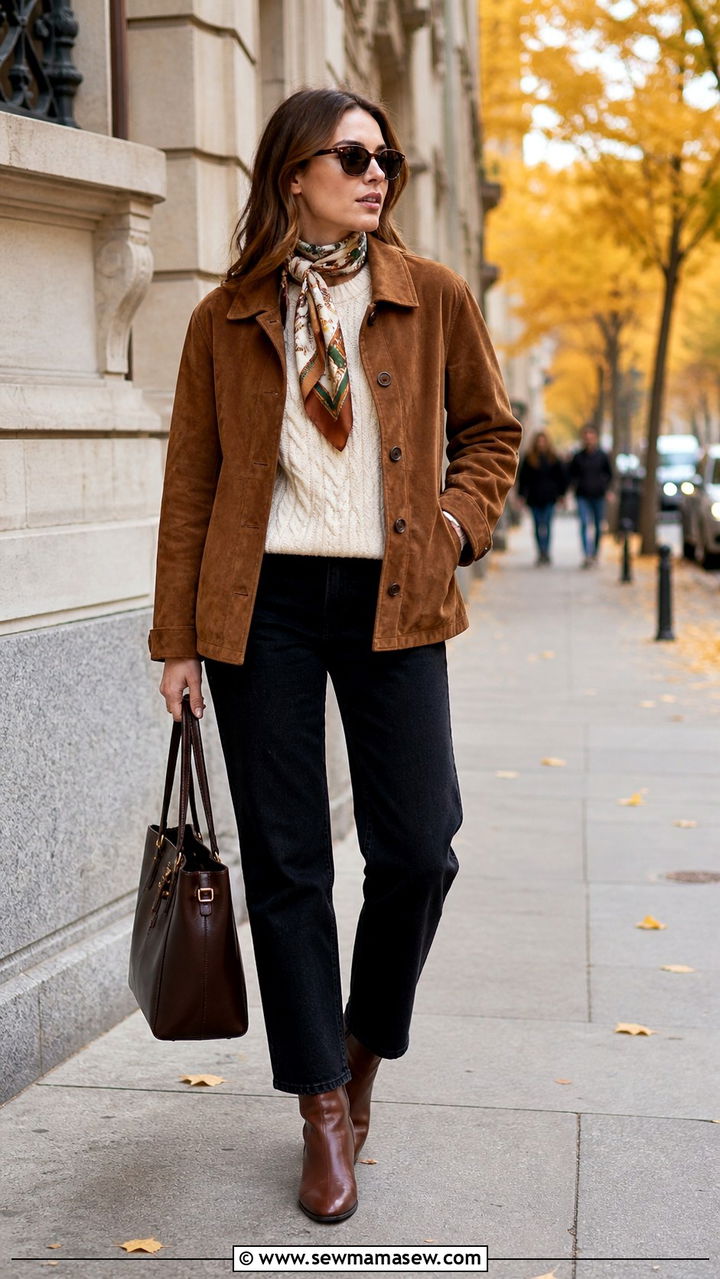 Brown suede jacket with cream knit and black jeans - 40 Business trip outfit ideas