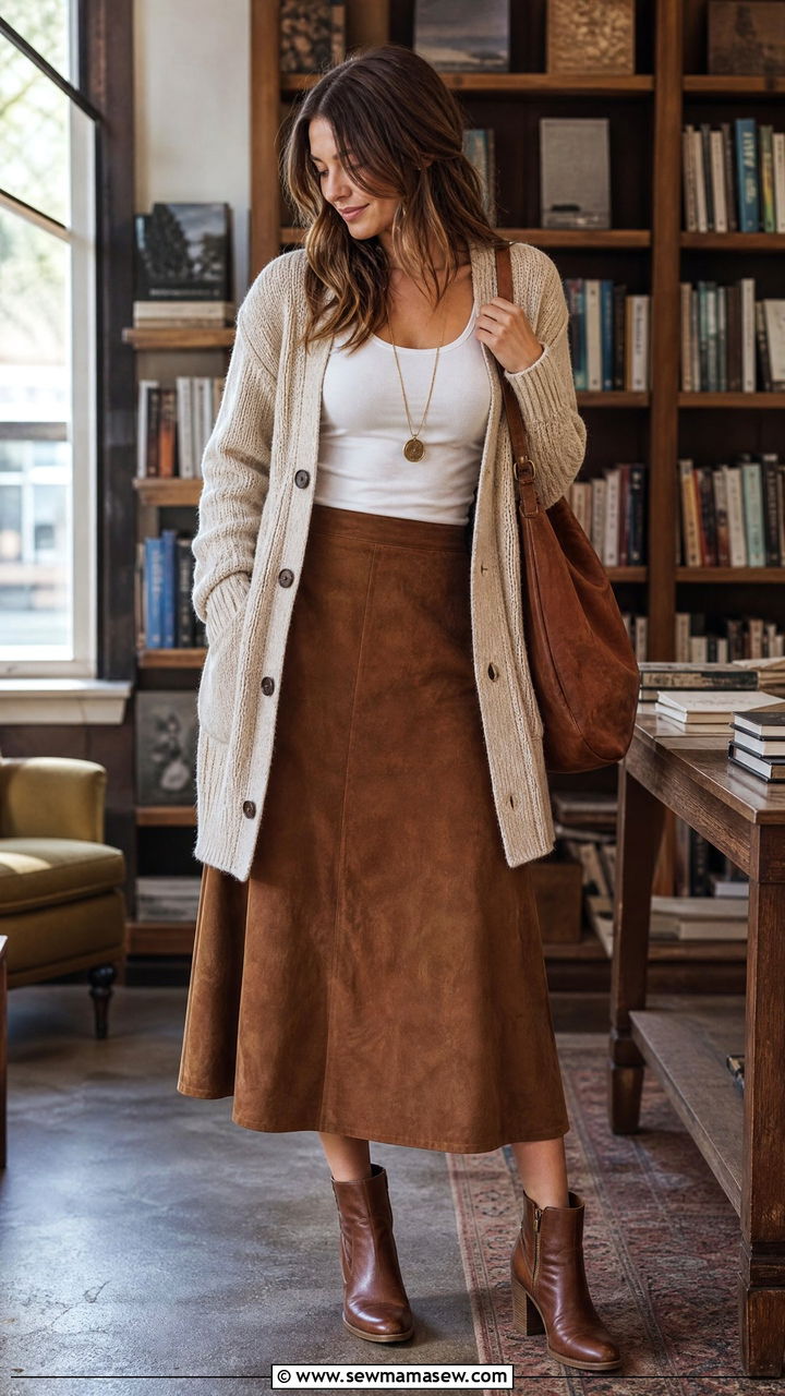 Brown suede midi skirt with cardigan and ankle boots - 30 Suede skirt outfit ideas
