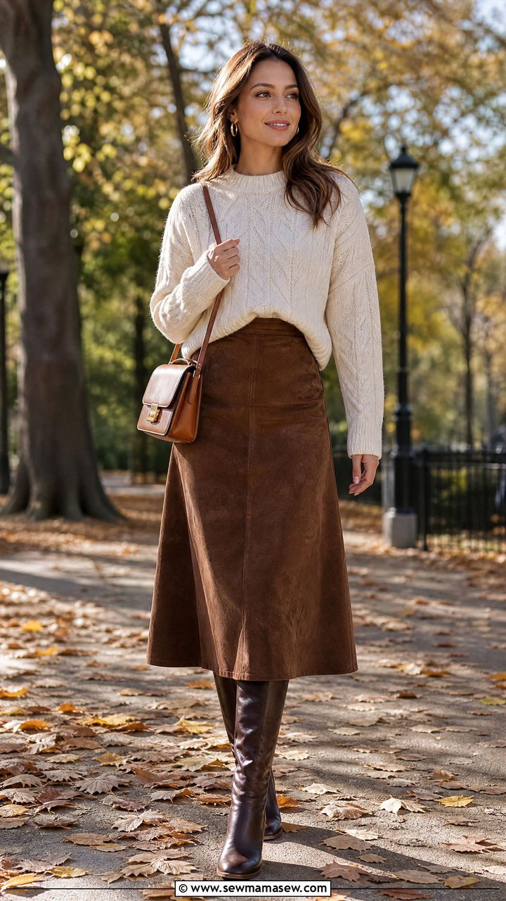 Brown suede midi skirt with cream sweater and knee high boots - 30 Suede skirt outfit ideas