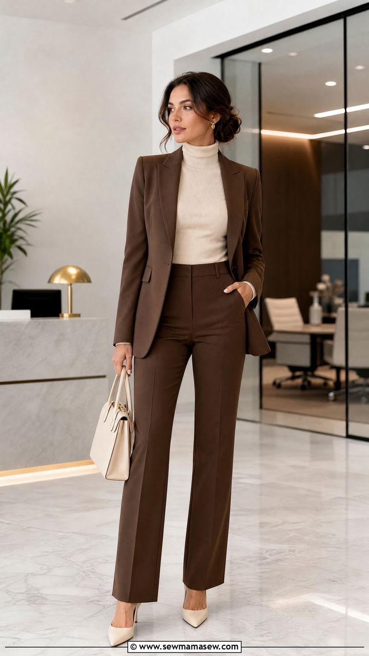 Brown suit with cream turtleneck outfit - 30 Brown and cream outfit ideas
