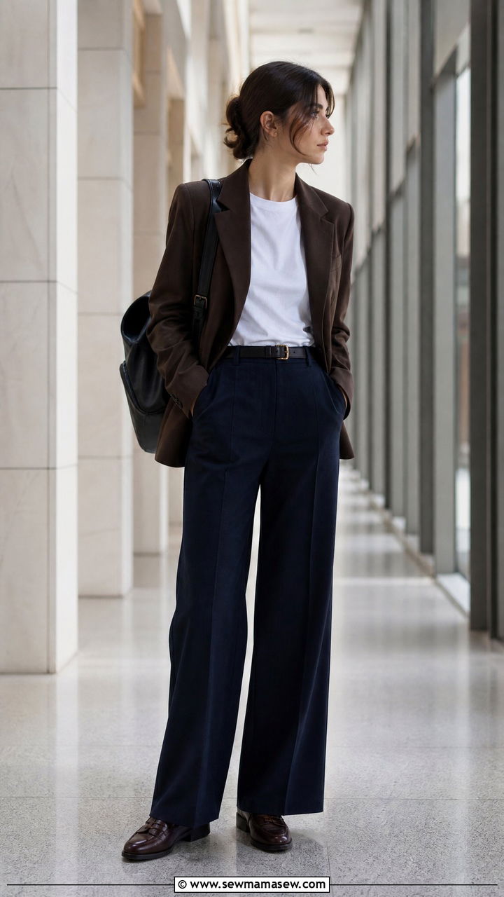 Brown tailored blazer and navy trousers - 30 Dark academia school outfits