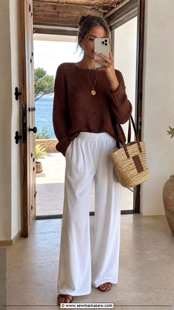 Brown textured sweater and white linen trousers - 35 Mature woman outfit ideas