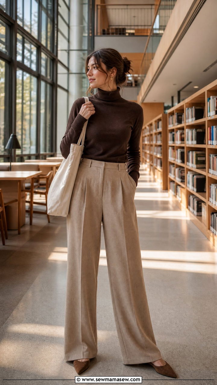 Brown turtleneck and beige wide leg pants librarian outfit - 25 librarian core outfits to copy