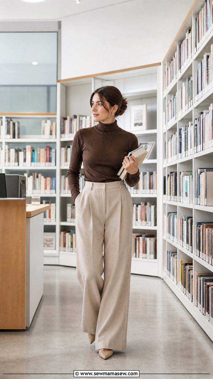 Brown turtleneck with flowy beige trousers - 35 Librarian outfit ideas for work