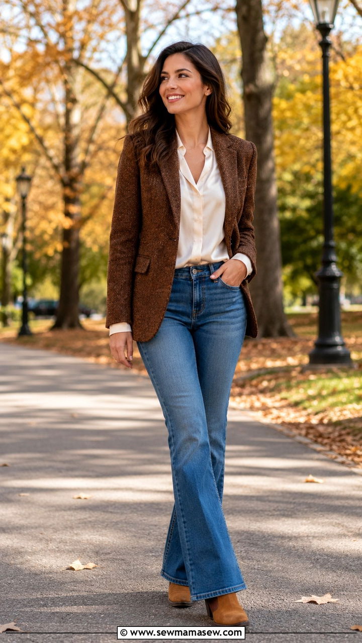 Brown tweed blazer with bootcut jeans - 25 Tweed blazer outfit ideas with jeans